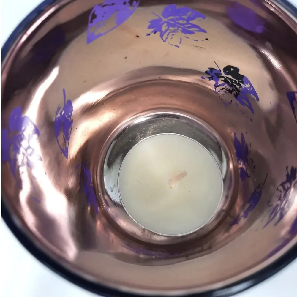 Yankee Candle Votive Candle Holders Pair Midnight Fall Glass Purple Copper Leaf